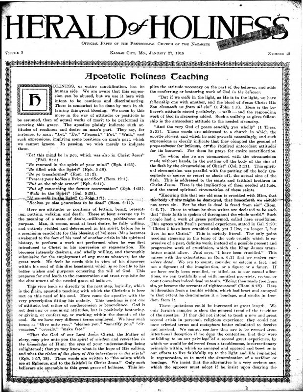 Title Page of Herald of Holiness - January 27, 1915