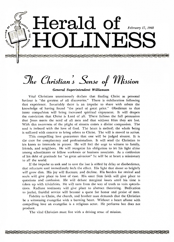 Herald of Holiness - February 17, 1960